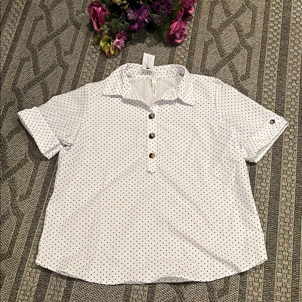 NY Collection Dark Blue Polka Dot and White Button Down Shirt Size 1X